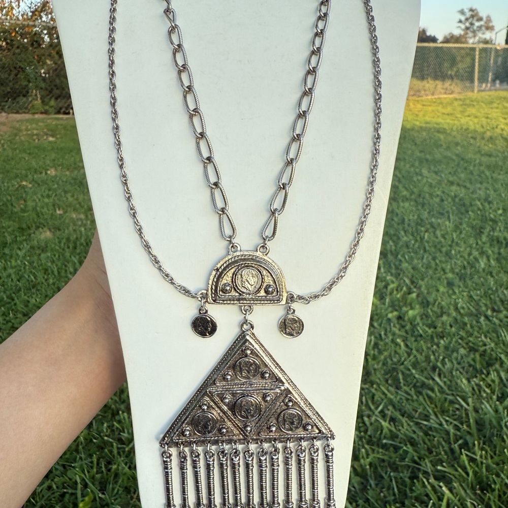 Silver-Tone Bohemian Statement Necklace with Geometric Pendant